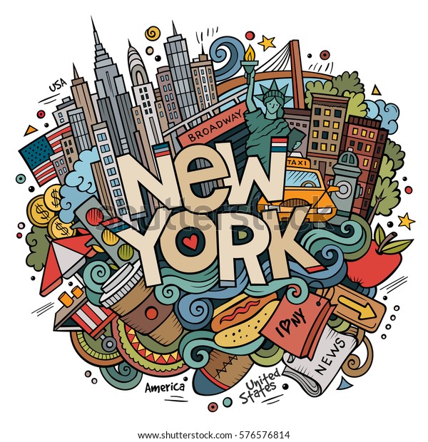 漫画のかわいい落書き手描きのニューヨークの碑文 アメリカのテーマアイテムを持つカラフルなイラスト 多くのオブジェクトの背景に詳細なラインアート 面白いベクター画像アートワーク のベクター画像素材 ロイヤリティフリー