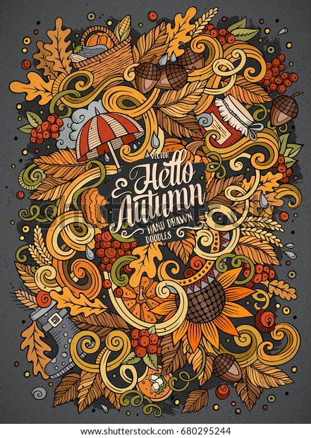 漫画のかわいい落書き手描きの秋のイラスト 多くのオブジェクトの背景にカラフルな詳細 面白いベクター画像アートワーク 秋の季節のテーマ項目を含む明るい色の画像 のベクター画像素材 ロイヤリティフリー 680295244