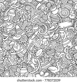 Cartoon cute doodles Latin America seamless pattern. Line art detailed, with lots of objects background. All objects separate. Backdrop with latinamerican symbols and items