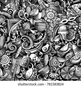 Cartoon cute doodles Latin America seamless pattern. Toned detailed, with lots of objects background. All objects separate. Backdrop with latinamerican symbols and items