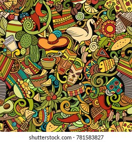 Cartoon cute doodles Latin America seamless pattern. Colorful detailed, with lots of objects background. All objects separate. Backdrop with latinamerican symbols and items