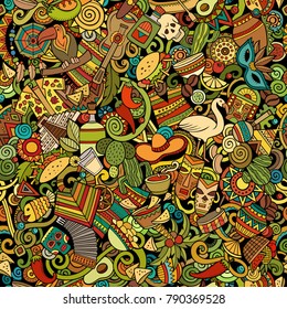 Cartoon cute doodles Latin America seamless pattern. Colorful detailed, with lots of objects background. All objects separate. Backdrop with latinamerican symbols and items