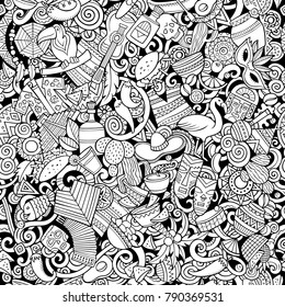 Cartoon cute doodles Latin America seamless pattern. Line art detailed, with lots of objects background. All objects separate. Backdrop with latinamerican symbols and items