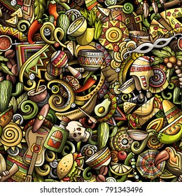 Cartoon cute doodles Latin America seamless pattern. Colorful detailed, with lots of objects background. All objects separate. Backdrop with latinamerican symbols and items