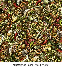 Cartoon cute doodles Mexican food seamless pattern. Colorful detailed, with lots of objects background. Backdrop with cuisine symbols and items