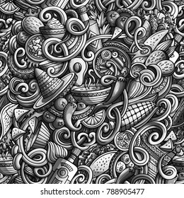 Cartoon cute doodles Mexican food seamless pattern. Monochrome detailed, with lots of objects background. Backdrop with cuisine symbols and items