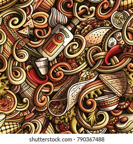Cartoon cute doodles Mexican food seamless pattern. Colorful detailed, with lots of objects background. Backdrop with cuisine symbols and items