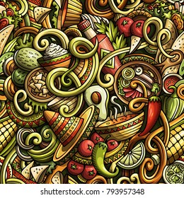 Cartoon cute doodles Mexican food seamless pattern. Colorful detailed, with lots of objects background. Backdrop with cuisine symbols and items