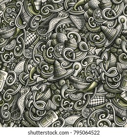 Cartoon cute doodles Mexican food seamless pattern. Monochrome detailed, with lots of objects background. Backdrop with cuisine symbols and items