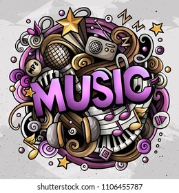 Cartoon cute doodles Music word. Colorful illustration. Background with lots of separate objects. Funny vector artwork