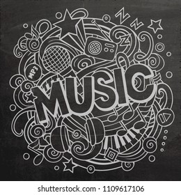 Cartoon cute doodles Music word. Line art illustration. Background with lots of separate objects. Funny vector artwork