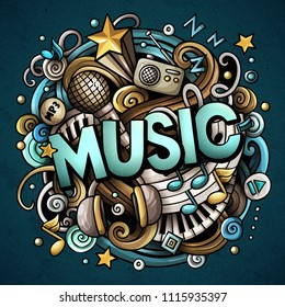 Cartoon cute doodles Music word. Colorful illustration. Background with lots of separate objects. Funny vector artwork