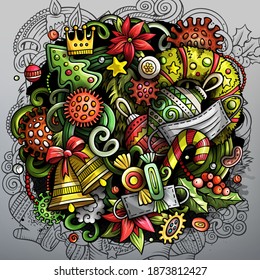 Cartoon cute doodles New Year and Coronavirus illustration. Colorful detailed, with lots of objects background. All objects separate. Greeting card with Christmas and Covid symbols and items
