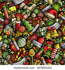 Cartoon cute doodles New Year and Coronavirus seamless pattern. Colorful detailed, with lots of objects background. All objects separate. Backdrop with Christmas and Covid symbols and items