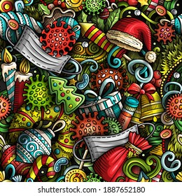 Cartoon cute doodles New Year and Coronavirus seamless pattern. Colorful detailed, with lots of objects background. All objects separate. Backdrop with Christmas and Covid symbols and items