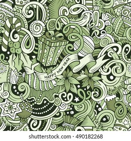 Cartoon cute doodles New Year seamless pattern. Line art detailed, with lots of objects background. Endless vector illustration. Contour backdrop with Christmas symbols and items