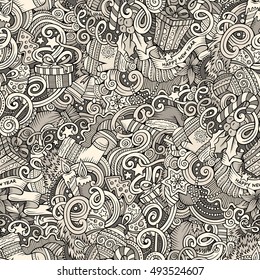 Cartoon cute doodles New Year seamless pattern. Line art detailed, with lots of objects background. Endless vector illustration. Contour backdrop with Christmas symbols and items