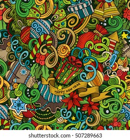 Cartoon cute doodles New Year seamless pattern. Colorful detailed, with lots of objects background. Endless vector illustration. Backdrop with Christmas symbols and items