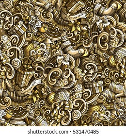 Cartoon cute doodles New Year seamless pattern. Colorful detailed, with lots of objects background. Endless vector illustration. Backdrop with Christmas symbols and items