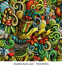 Cartoon cute doodles New Year seamless pattern. Colorful detailed, with lots of objects background. Endless vector illustration. Backdrop with Christmas symbols and items