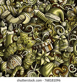 Cartoon cute doodles New Year seamless pattern. Monochrome detailed, with lots of objects background. All objects separate. Backdrop with Christmas symbols and items