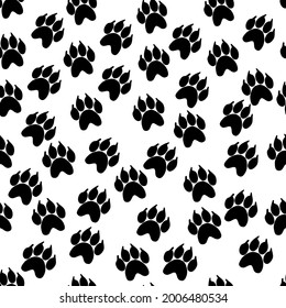 Cartoon cute doodles .seamless pattern. Colorful detailed, with lots of objects background. Traces of dog paws.  Endless vector illustration. 