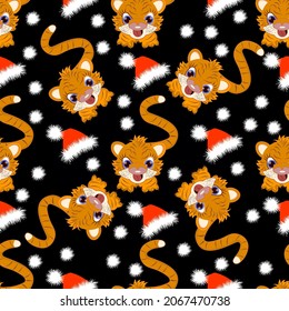Cartoon cute doodles seamless pattern. Colorful detailed, with lots of objects background. Endless vector illustration. Backdrop with  symbols  tigers 