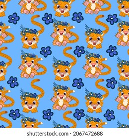 Cartoon cute doodles seamless pattern. Colorful detailed, with lots of objects background. Endless vector illustration. Backdrop with  symbols  tigers 