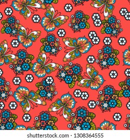 Cartoon cute doodles seamless texture. Endless vector illustration. Multicolor pattern of butterflies, flowers and leaves. can be used for fabric and  wallpaper