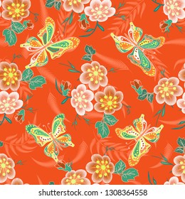 Cartoon cute doodles seamless texture. Endless vector illustration. Multicolor pattern of butterflies, flowers and leaves. can be used for fabric and  wallpaper