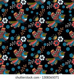 Cartoon cute doodles seamless texture. Endless vector illustration. Multicolor pattern of birds, flowers and leaves. can be used for fabric and  wallpaper