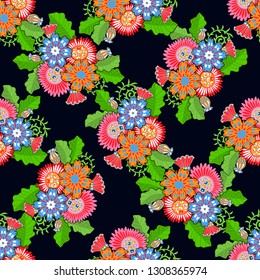 Cartoon cute doodles seamless texture. Endless vector illustration. Multicolor pattern of  flowers and leaves. can be used for fabric and  wallpaper