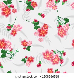 Cartoon cute doodles seamless texture. Endless vector illustration. Multicolor pattern of  flowers, branches and leaves. can be used for fabric and  wallpaper