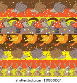Cartoon cute doodles seamless texture. Endless vector illustration. Multicolor pattern of mushrooms, hedgehogs, birds and rabbits . can be used for fabric and  wallpaper