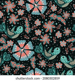 Caricatura lindo garabatos textura sin fisuras. Ilustración vectorial sin fin. Patrón multicolor de aves, flores y hojas. puede utilizarse para tejidos y papel pintado.