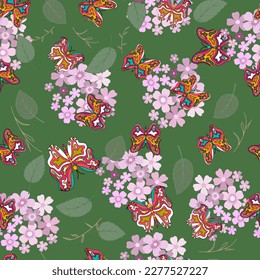 Caricatura lindo garabatos textura sin fisuras. Ilustración vectorial sin fin. Patrón multicolor de mariposas, flores y hojas. puede utilizarse para tejidos y papel pintado.