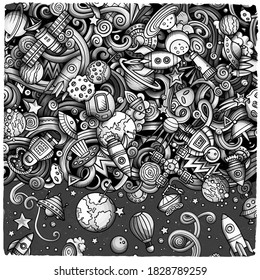 Cartoon süße Doodles Space Frame Karte. Grafisch detailliert, mit vielen Objekten Hintergrund. Grenzen mit kosmischen Symbolen und Elementen