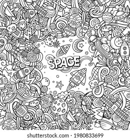 Cartoon cute doodles Space frame card. Sketchy detailed, with lots of objects background. All objects separate. Border with cosmic symbols and items