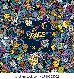 Cartoon cute doodles Space frame card. Colorful detailed, with lots of objects background. All objects separate. Border with cosmic symbols and items