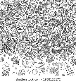 Cartoon cute doodles Space frame card. Sketchy detailed, with lots of objects background. All objects separate. Border with cosmic symbols and items