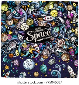 Cartoon cute doodles Space frame card. Colorful detailed, with lots of objects background. All objects separate. Border with cosmic symbols and items