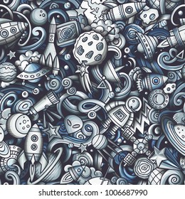 Cartoon cute doodles Space seamless pattern. Monochrome detailed, with lots of objects background. All objects separate. Backdrop with cosmic symbols and items
