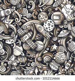 Cartoon cute doodles Space seamless pattern. Monochrome detailed, with lots of objects background. All objects separate. Backdrop with cosmic symbols and items
