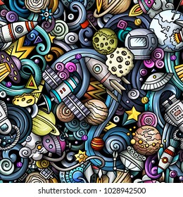 Cartoon cute doodles Space seamless pattern. Colorful detailed, with lots of objects background. All objects separate. Backdrop with cosmic symbols and items