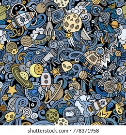 Cartoon cute doodles Space seamless pattern. Colorful detailed, with lots of objects background. All objects separate. Backdrop with cosmic symbols and items