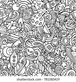 Cartoon cute doodles Space seamless pattern. Line art detailed, with lots of objects background. All objects separate. Backdrop with cosmic symbols and items