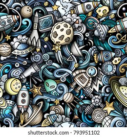 Cartoon cute doodles Space seamless pattern. Colorful detailed, with lots of objects background. All objects separate. Backdrop with cosmic symbols and items