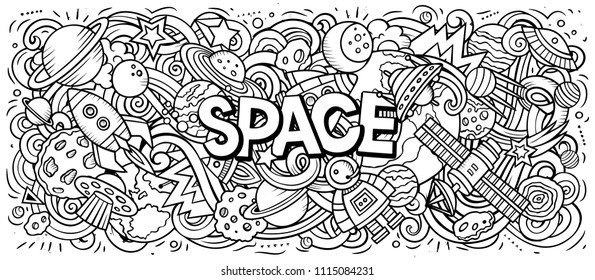 Cartoon cute doodles Space word. line art horizontal illustration. Background with lots of separate objects. Funny vector artwork