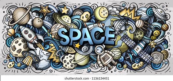 Cartoon cute doodles Space word. Colorful horizontal illustration. Background with lots of separate objects. Funny vector artwork