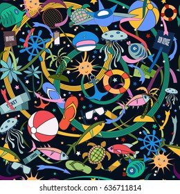 Cartoon cute doodles Vacation and travel seamless pattern. Colorful detailed, with lots of objects background. Endless vector illustration. Backdrop with  symbols  Resort and beach